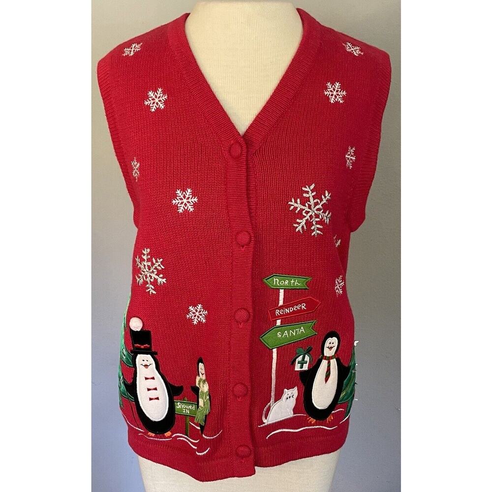 VTG Christmas Sweater Vest Bechamel Sz Small Red Penguins Snowflakes Embroidered